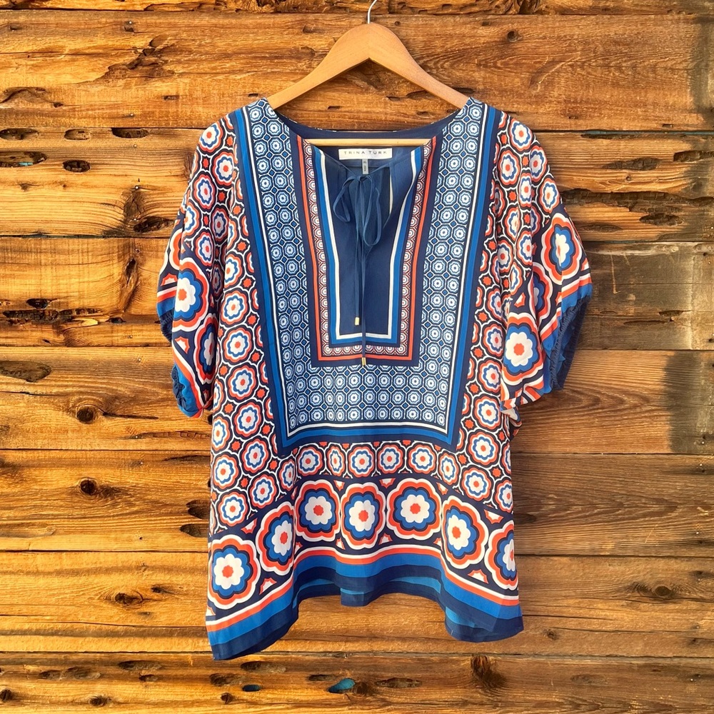 TRINA TURK | 100% Silk Blue Patterned Women's Tunic Top XL